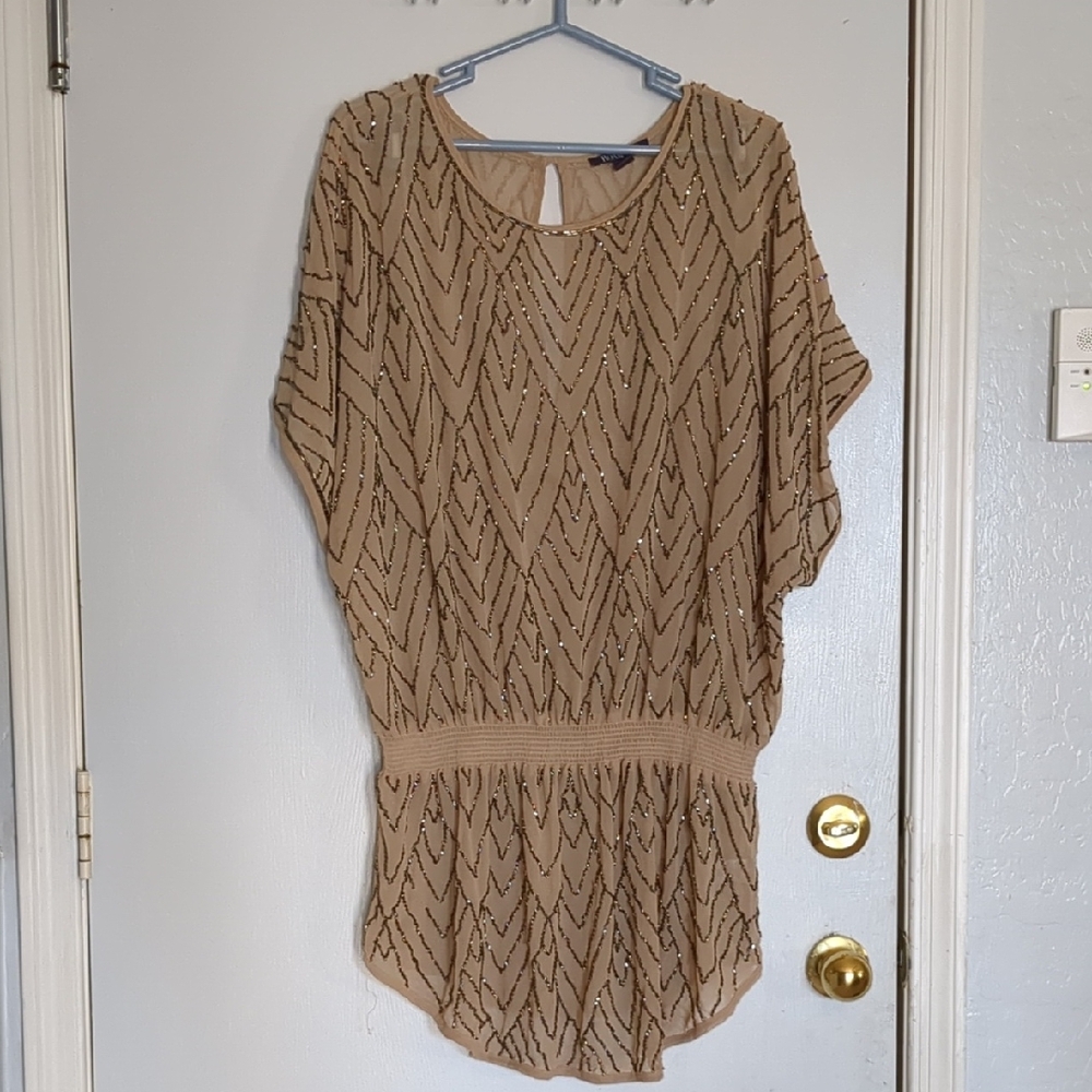 Roaman’s Champagne Gold Beaded Chevron Blouson Party Top Size 20